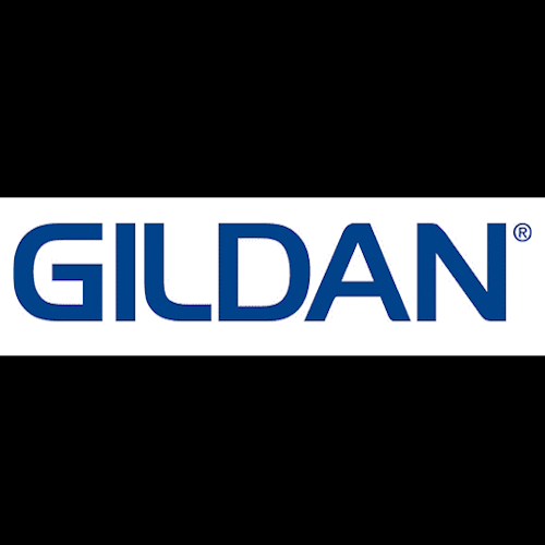 Textil Zulieferer zur Textilveredelung Logo der Marke Gildan in blauer Schrift auf weißem Hintergrund.