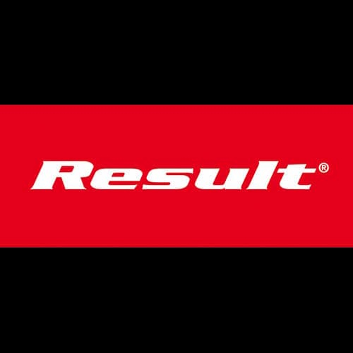 Textil Zulieferer zur Textilveredelung Logo von Result in weißer Schrift auf rotem Hintergrund.